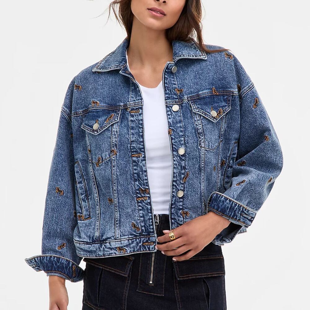 Avec Les Filles Horse Embroidered Denim Trucker Jacket Sz XL NEW Western Cowgirl